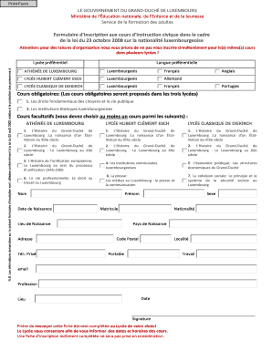 Formulaire d'inscription aux cours d'instruction civique