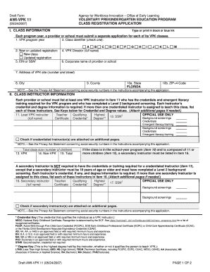 Florida VPK Class Registration Application