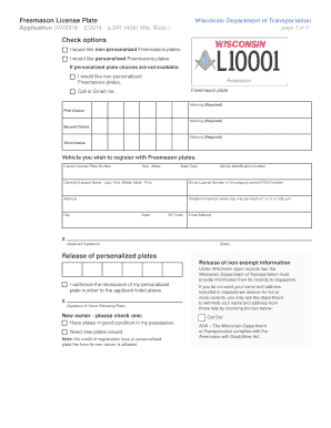 Wisconsin Freemason License Plate Application