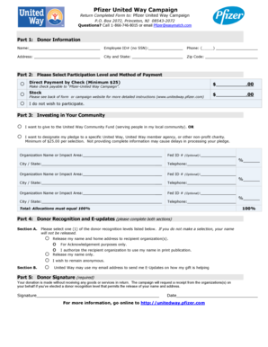 Pfizer United Way Campaign Donation Form