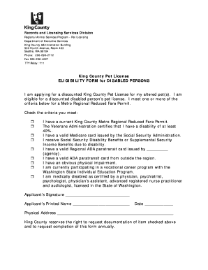 King County Pet License Eligibility Form for Disabled Persons