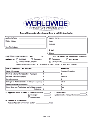 General Contractors/Developers General Liability Application