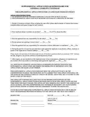 Supplemental Application Questionnaire for General Liability Coverage