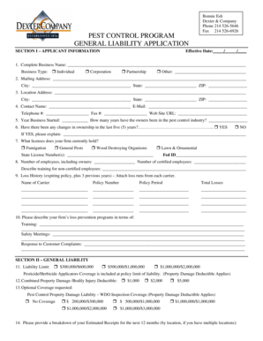 General Liability Application for Pest Control