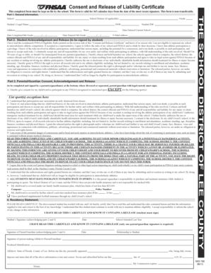 Florida High School Athletic Association Consent and Release of Liability Certificate