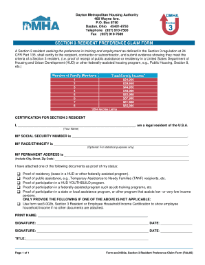 Section 3 Resident Preference Claim Form