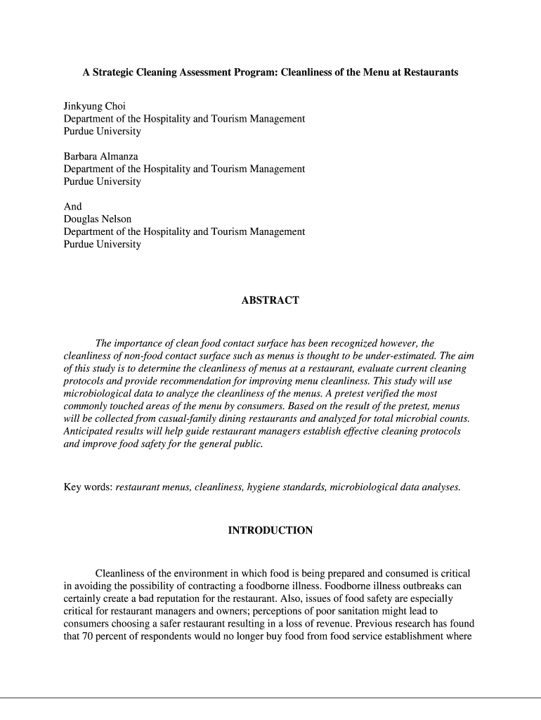 Fillable Online A Strategic Cleaning Assessment Program Cleanliness of