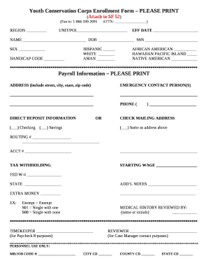 Youth Conservation Corps Enrollment Form PLEASE PRINT