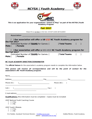 This is an application for your organizations Intent to Play as part of the NCYSA Youth Academy Program