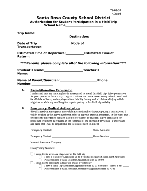 Authorization for Student Participation in a Field Trip