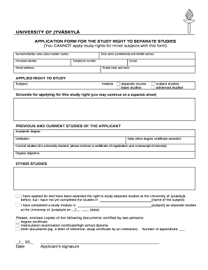 APPLICATION FORM FOR THE STUDY RIGHT TO SEPARATE STUDIES