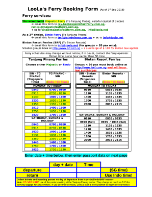 LooLa's Ferry Booking Form (As of 1st Sep 2016)