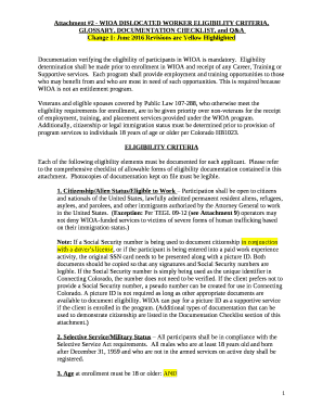 Attachment #2 - WIOA DISLOCATED WORKER ELIGIBILITY CRITERIA, GLOSSARY, DOCUMENTATION CHECKLIST, and Q&A