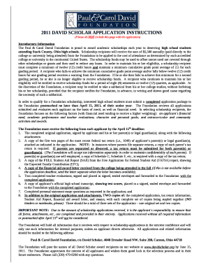 2011 DAVID SCHOLAR APPLICATION INSTRUCTIONS