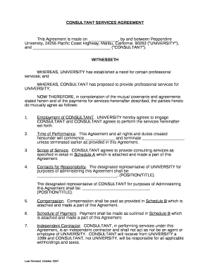 This Agreement is made on , by and between Pepperdine University, 24255 Pacific Coast Highway, Malibu, California90263 ("UNIVERSITY"), and ("CONSULTANT")