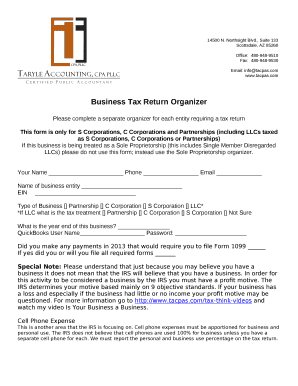 Please complete a separate organizer for each entity requiring a tax return