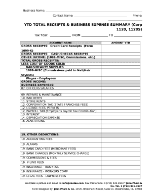 YTD TOTAL RECEIPTS & BUSINESS EXPENSE SUMMARY (Corp 1120, 1120S)