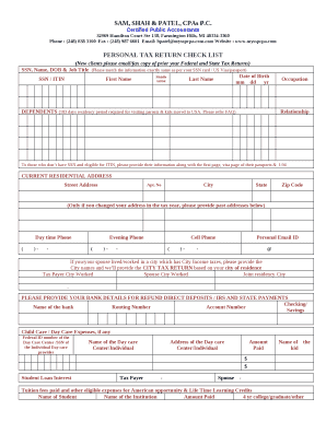 PERSONAL TAX RETURN CHECK LIST