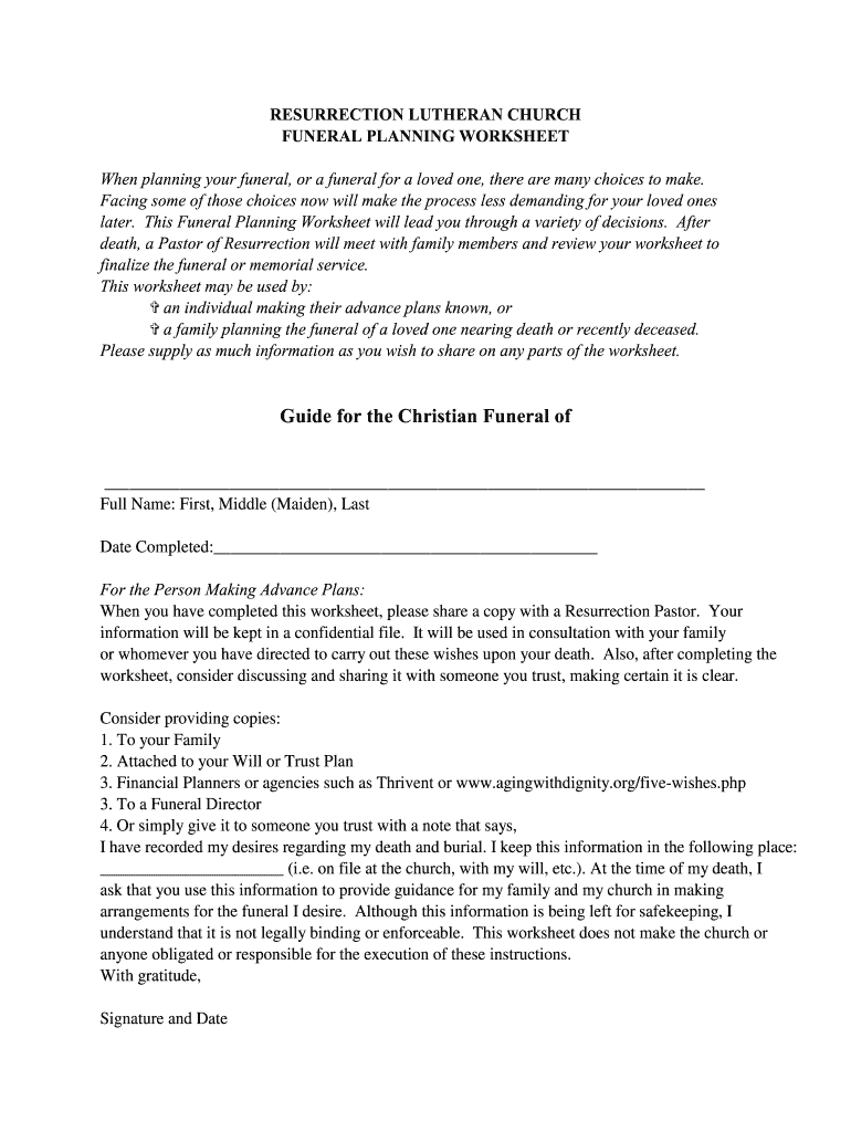 Fillable Online FUNERAL PLANNING WORKSHEET Fax Email Print pdfFiller