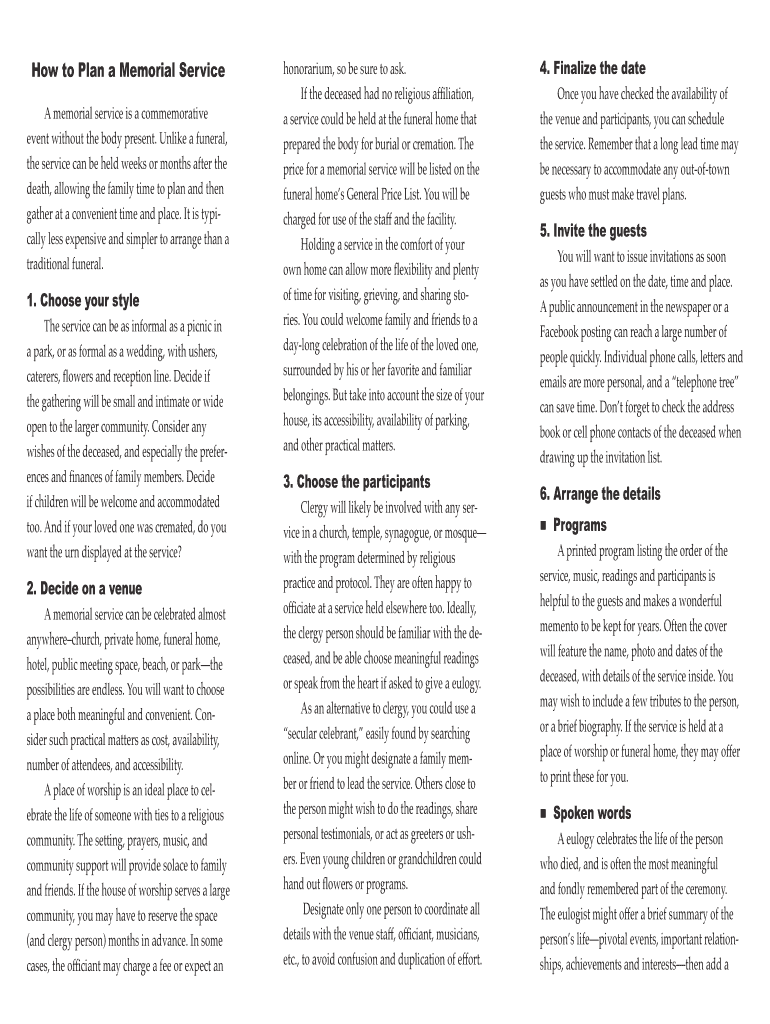 Fillable Online How to Plan a Memorial Service Fax Email Print pdfFiller