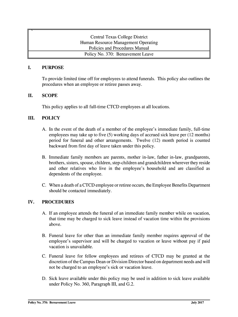 Fillable Online 370 Bereavement Leave Fax Email Print pdfFiller