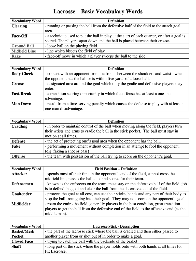 Fillable Online Lacrosse Basic Vocabulary Words Fax Email Print pdfFiller