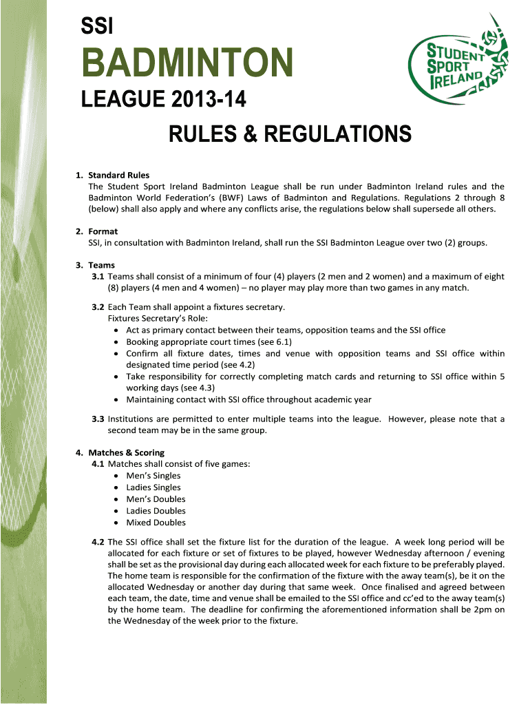 Fillable Online The Student Sport Ireland Badminton League shall be run