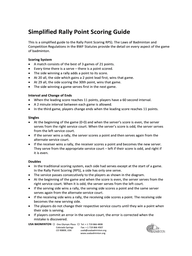 Fillable Online Simplified Rally Point Scoring Guide Fax Email Print