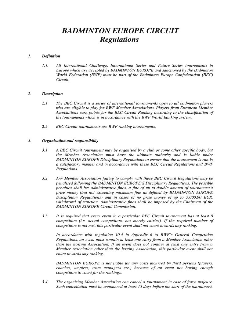 Fillable Online BADMINTON EUROPE CIRCUIT Fax Email Print pdfFiller