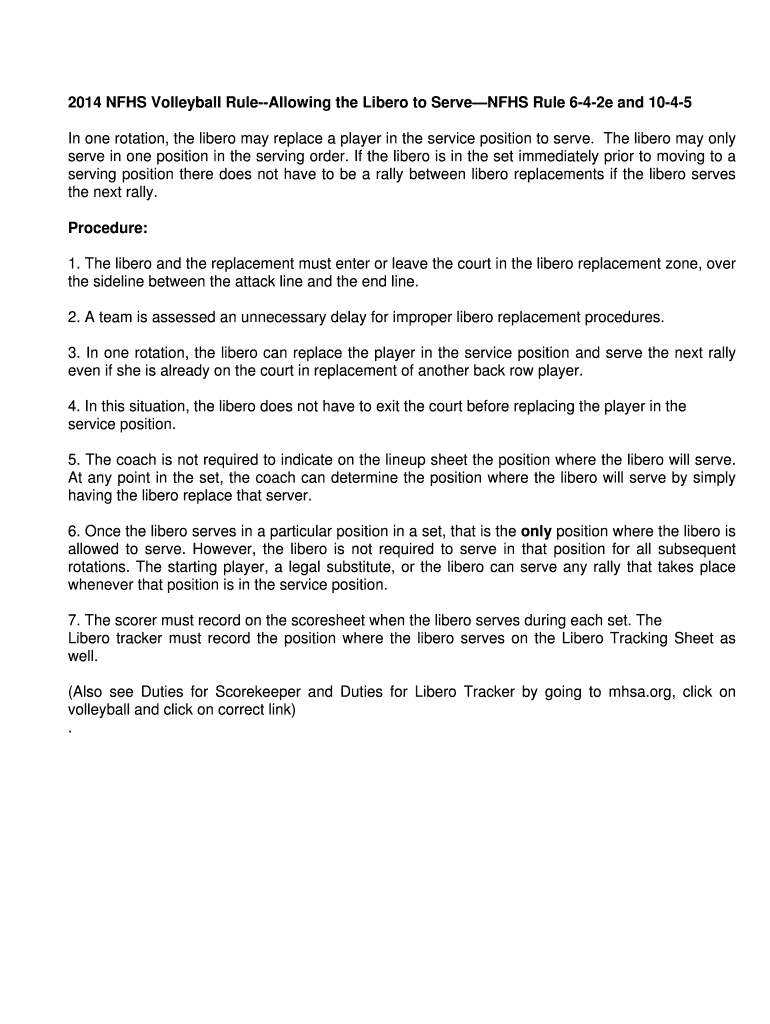 Fillable Online 2014 NFHS Volleyball RuleAllowing the Libero to