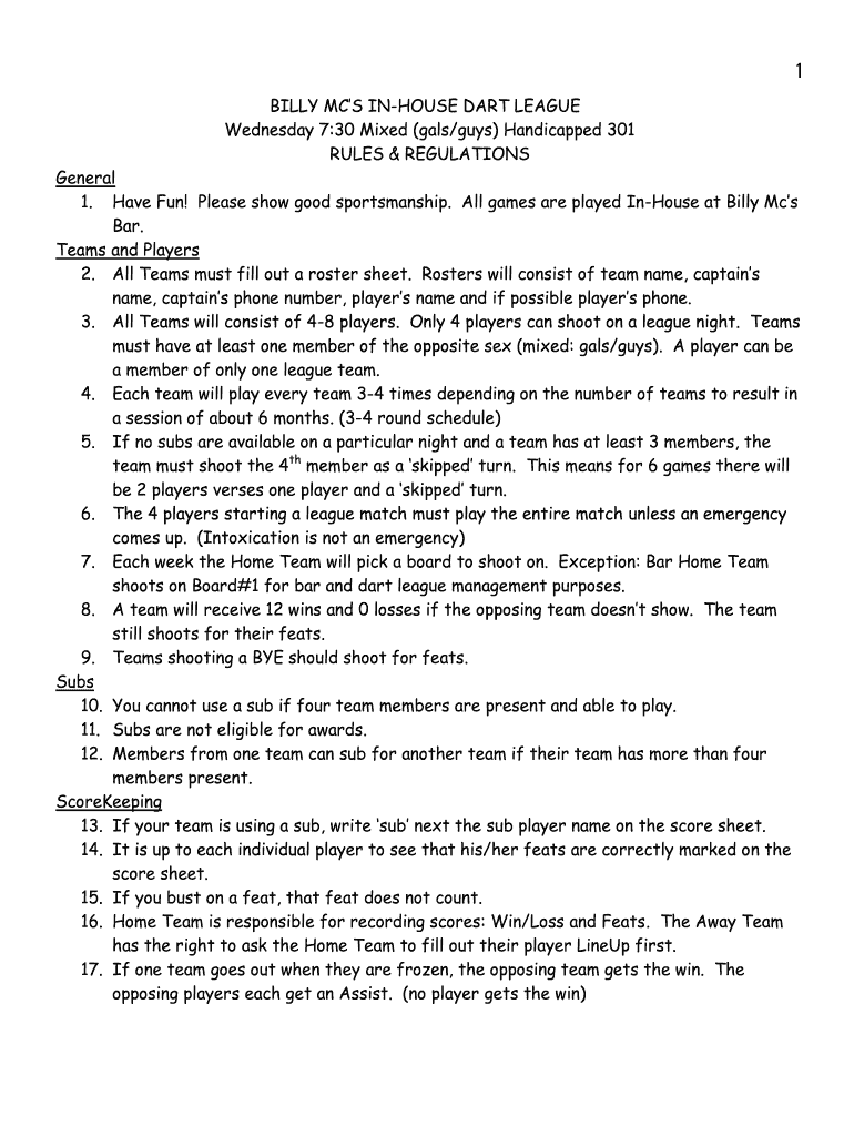 Fillable Online BILLY MCS INHOUSE DART LEAGUE Fax Email Print pdfFiller