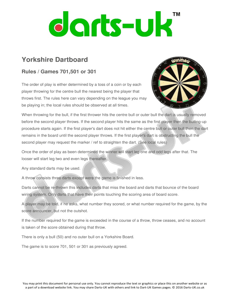 Fillable Online Yorkshire Dartboard Fax Email Print pdfFiller