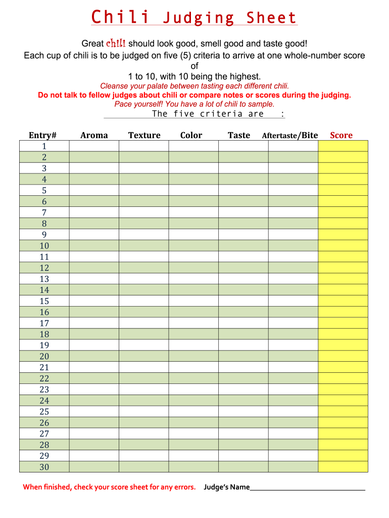 Chili Cook Off Judging Sheet Fill and Sign Printable Template Online