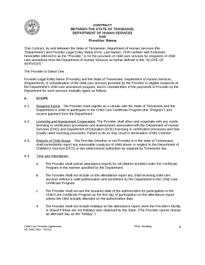 This Contract, by and between the State of Tennessee, Department of Human Services (the Department) and Provider Legal Entity Name (First, Last Name)FEIN number with Extension, hereinafter referred to as the Provider, is for the provision