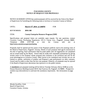 NOTICE IS HEREBY GIVEN that sealed proposals will be received by the Clerk of the Board of Supervisors for furnishing the following items or services to Coconino County as follows: