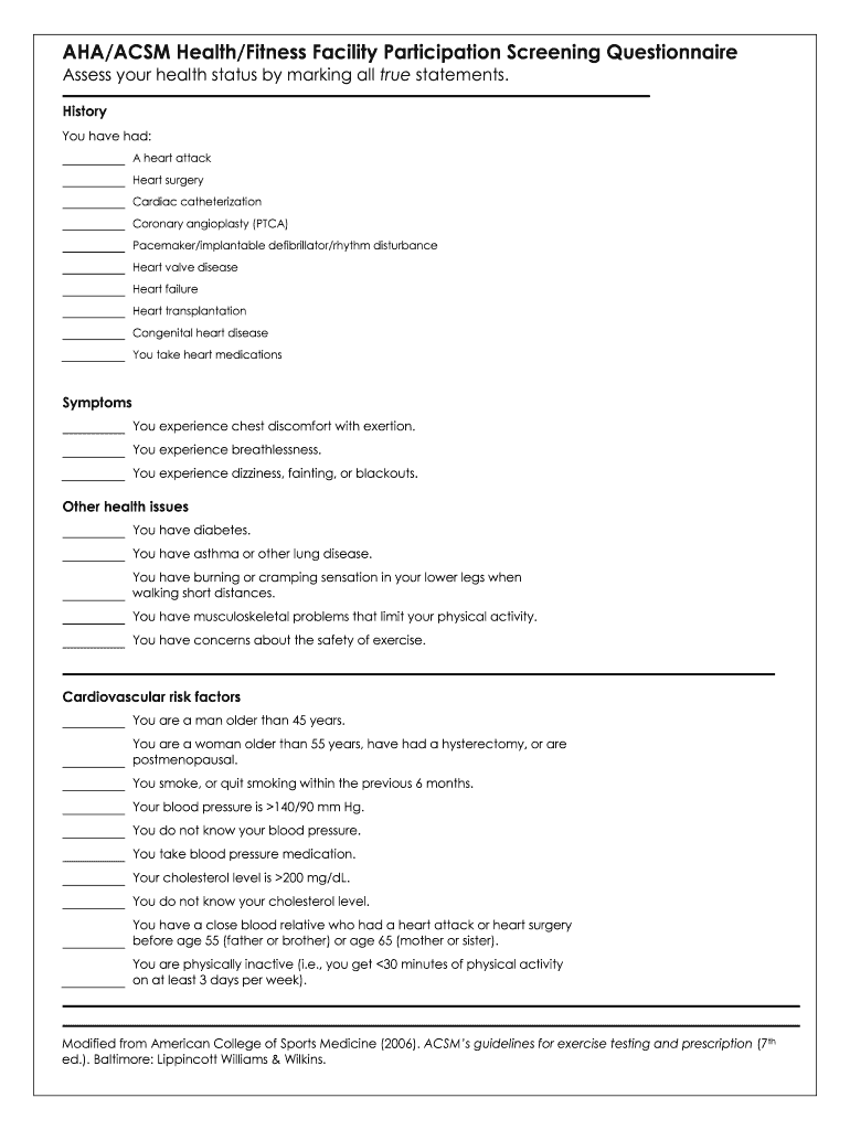 Fillable Online AHA/ACSM Health/Fitness Facility Participation ...