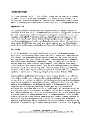 The Internet Addiction Test (IAT; Young, 1998) is a 20-item scale that measures the presence and severity of Internet dependency among adults