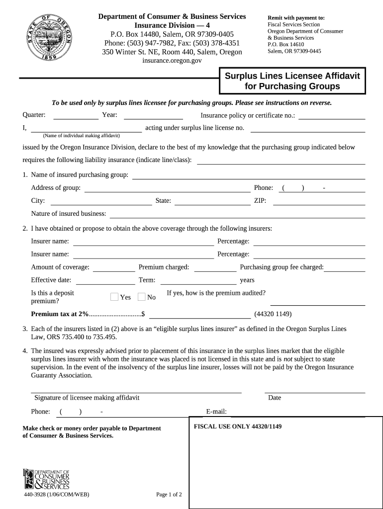 Surplus Lines Licensee Affidavit for Purchasing Groups Doc Template
