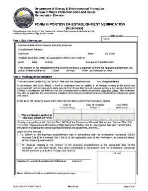 FORM III PORTION OF ESTABLISHMENT VERIFICATION