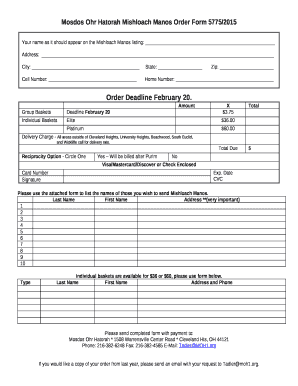 Mosdos Ohr Hatorah Mishloach Manos Order Form 5775/2015