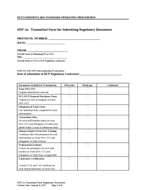 SOP 1a:Transmittal Form for Submitting Regulatory Documents