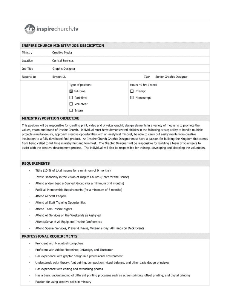 Fillable Online INSPIRE CHURCH MINISTRY JOB DESCRIPTION Fax Email Print pdfFiller