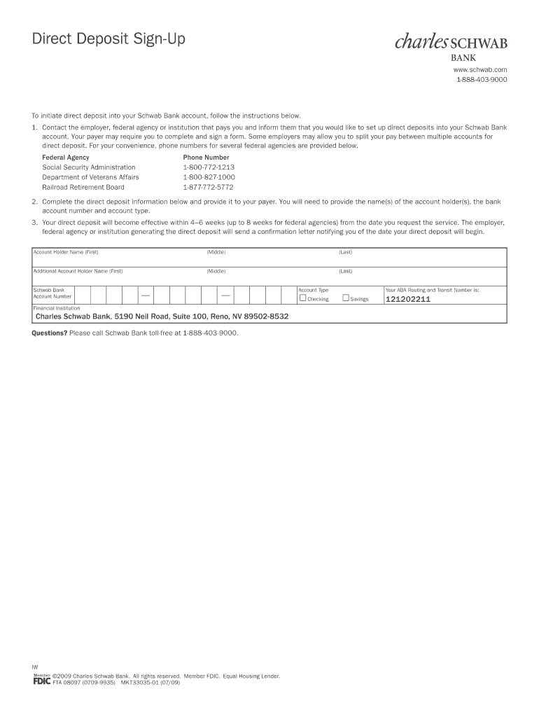 Fillable Online To initiate direct deposit into your Schwab Bank