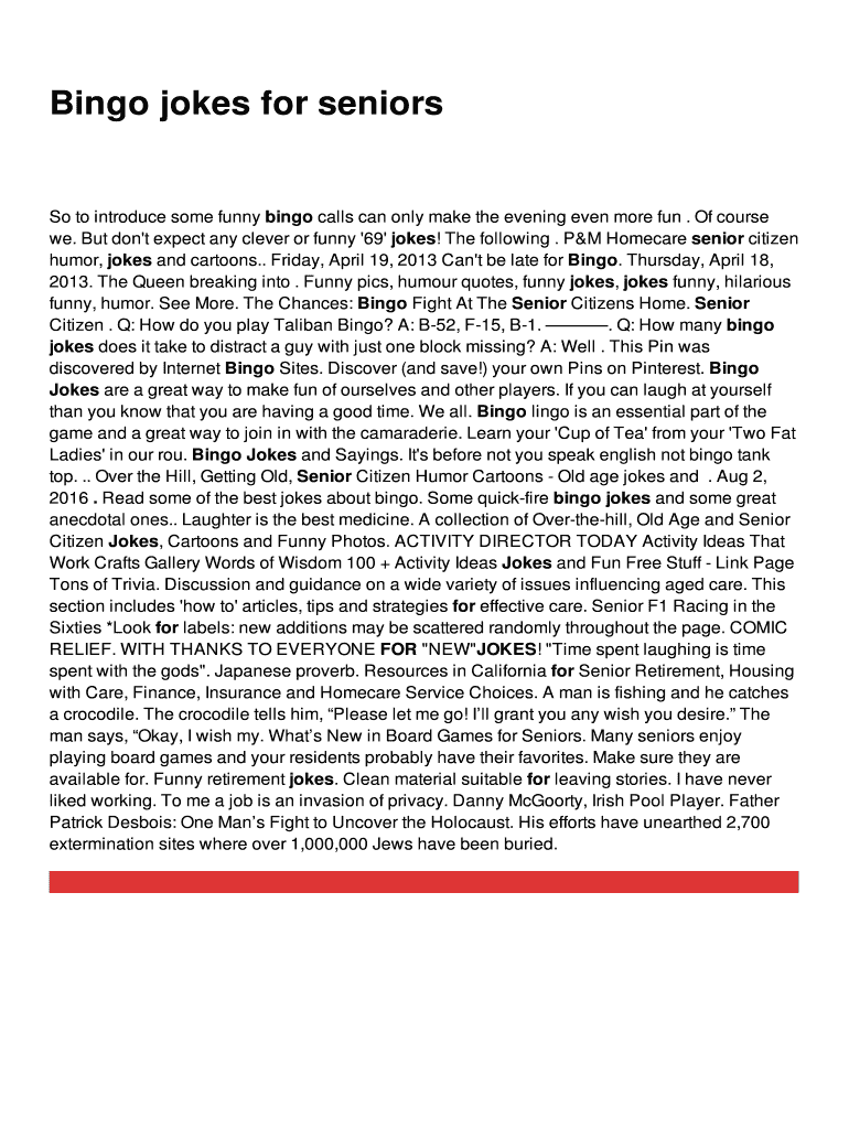 Fillable Online Bingo jokes for seniors Fax Email Print pdfFiller