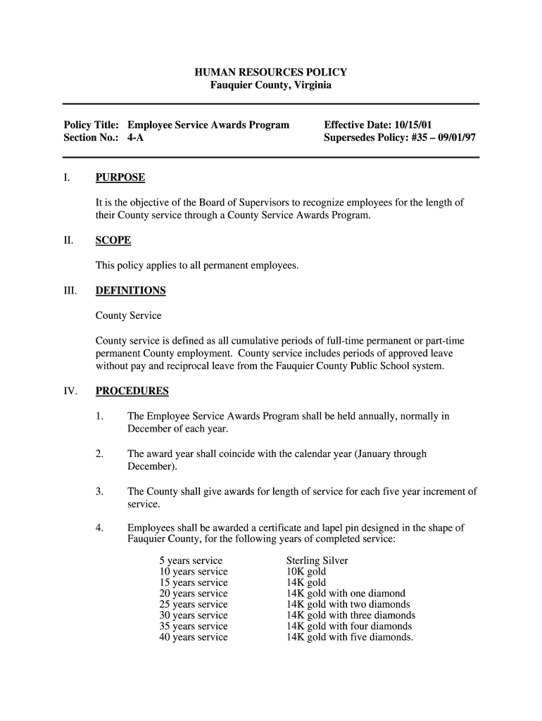 Fillable Online Policy Title Employee Service Awards Program Fax Email