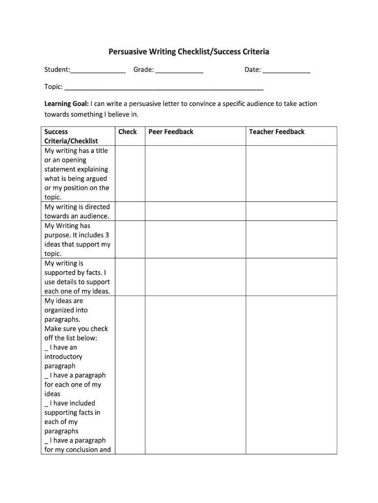 Persuasive Writing Checklist/Success Criteria Fill and Sign Printable