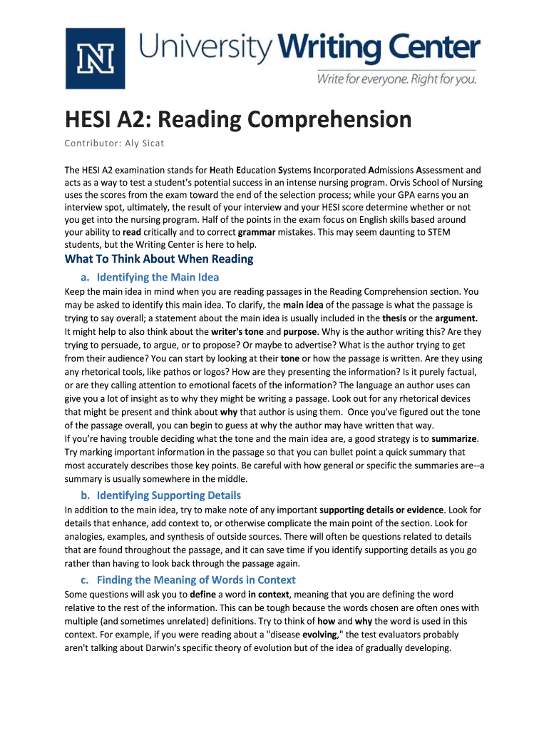 Fillable Online HESI A2: Reading Comprehension Fax Email Print - pdfFiller