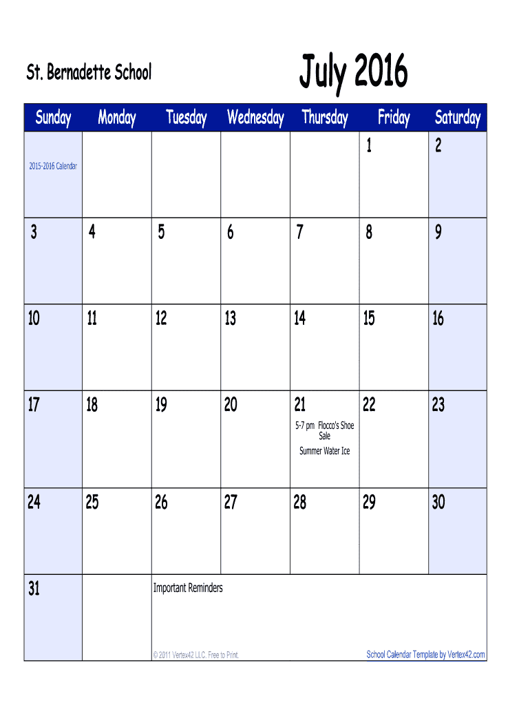 Fillable Online School Calendar Template by Vertex42 Fax Email Print ...