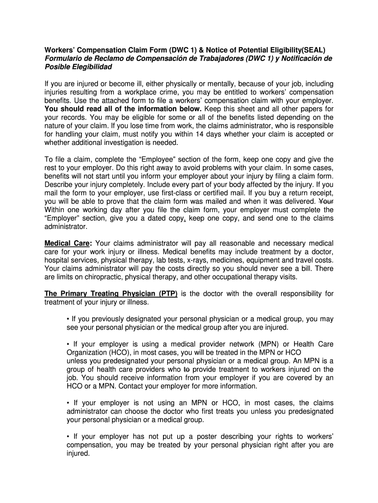Fillable Online Workers Compensation Claim Form (DWC 1) & Notice of