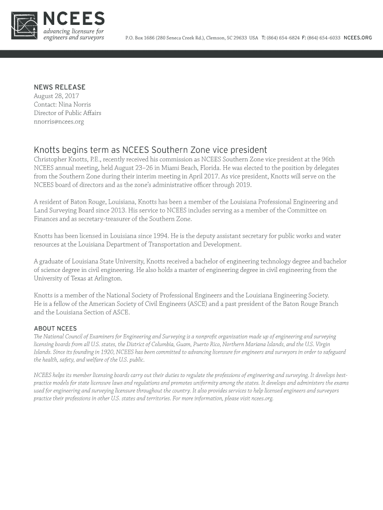 Fillable Online Knotts begins term as NCEES Southern Zone vice